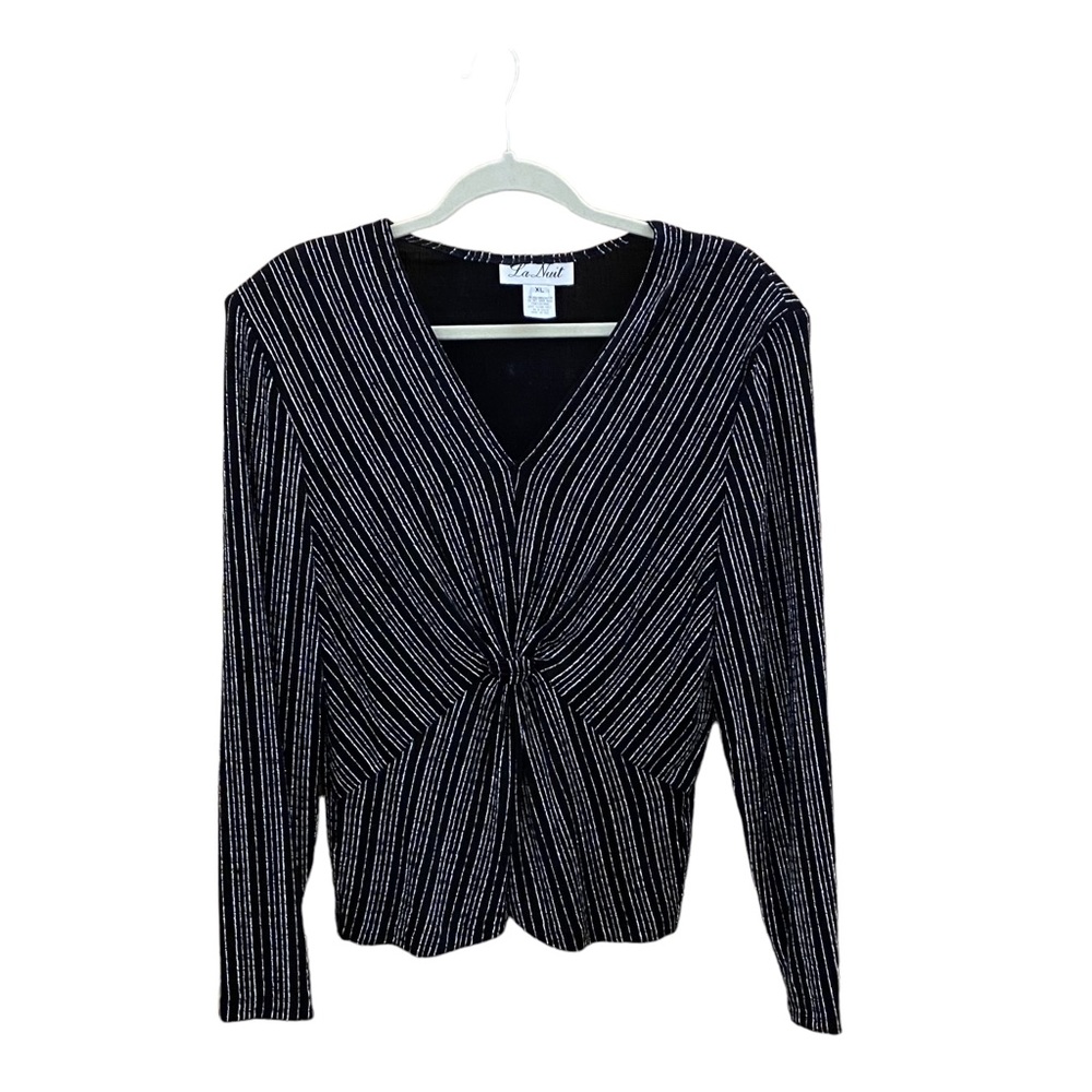 La Nuit Formsl Black with Shimmery Silver Stripes VNeck Top XL